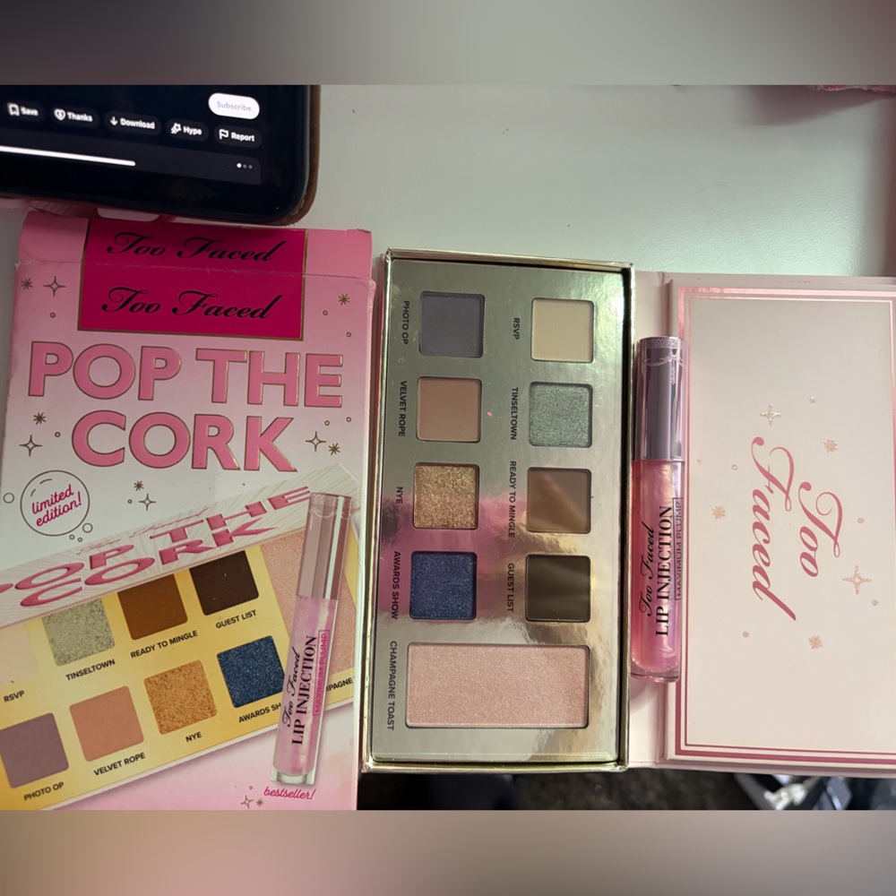 Too Faced Eyeshadow Pop the cork Palette & Lip Injection Gloss set new